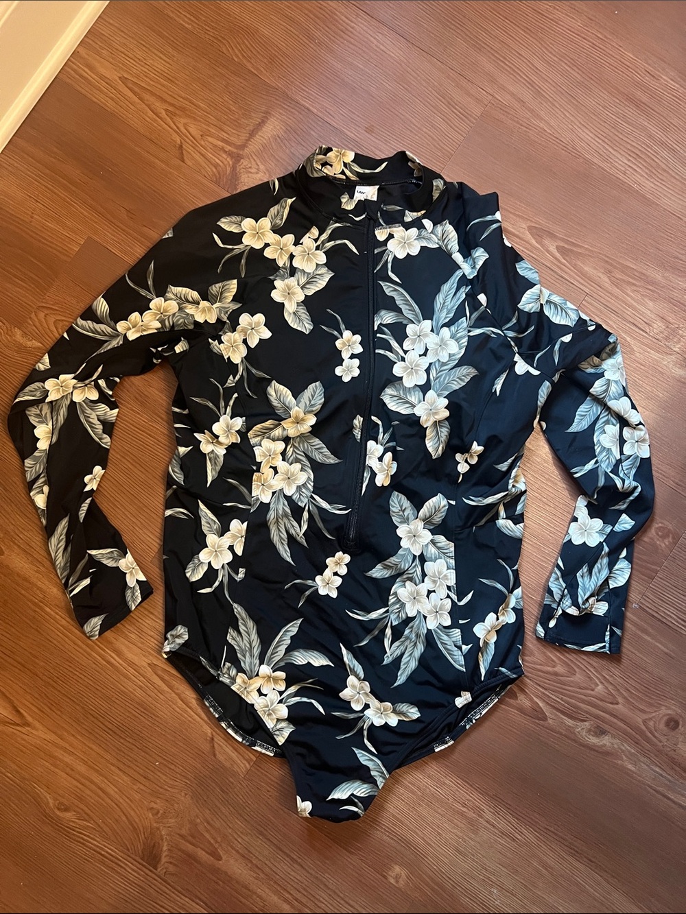 Lands' End Black Floral Long-Sleeve Zip One-Piece Swimsuit